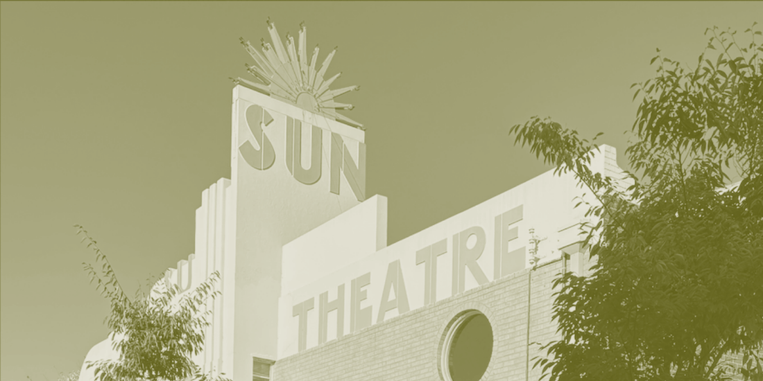 The Art Deco facade and sunburst sign of the Sun Theatre in Yarraville.
